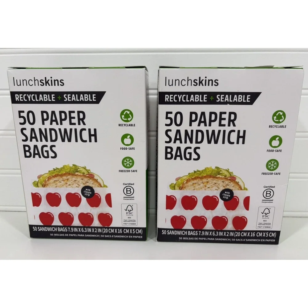 100ct Lunchskin Recyclable + Sealable Paper Sandwich Bags Apple Print